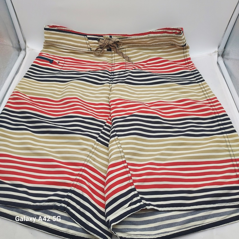 Patagonia Mens Striped Board Shorts Red Blue Tan Swim Trunks 86722 Size 32‎